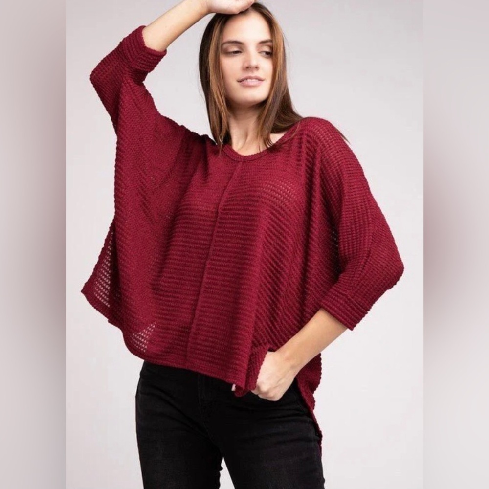 Zenana Womens Red 3/4 Sleeve V-Neck Hi-Low Hem Jacquard Sweater Size 2X/3X